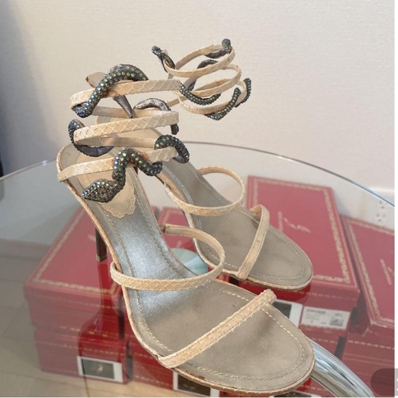 Rene Caovilla Beige and Black Snake Sandals - Picture 2 of 4